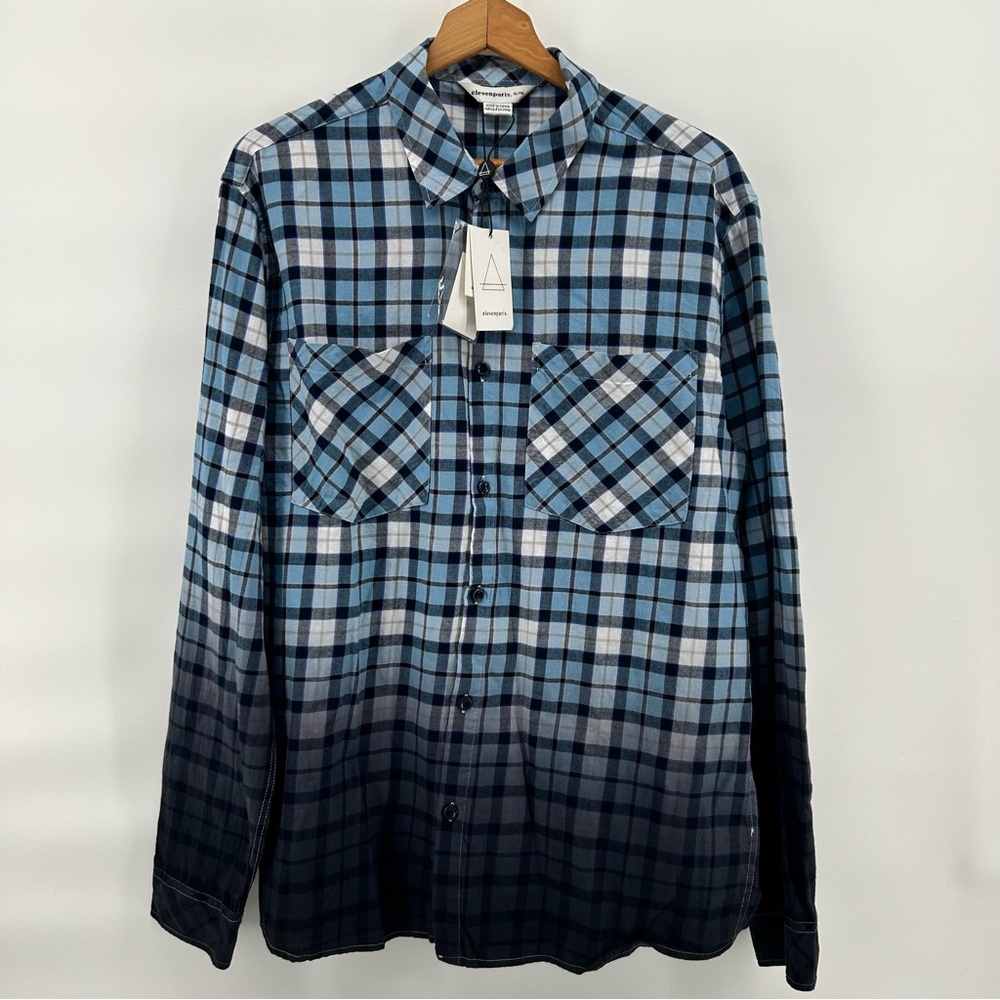 Elevin Paris Ombre Flannel Shirt Mens XL Blue Plaid Gradient Streetwear NWT